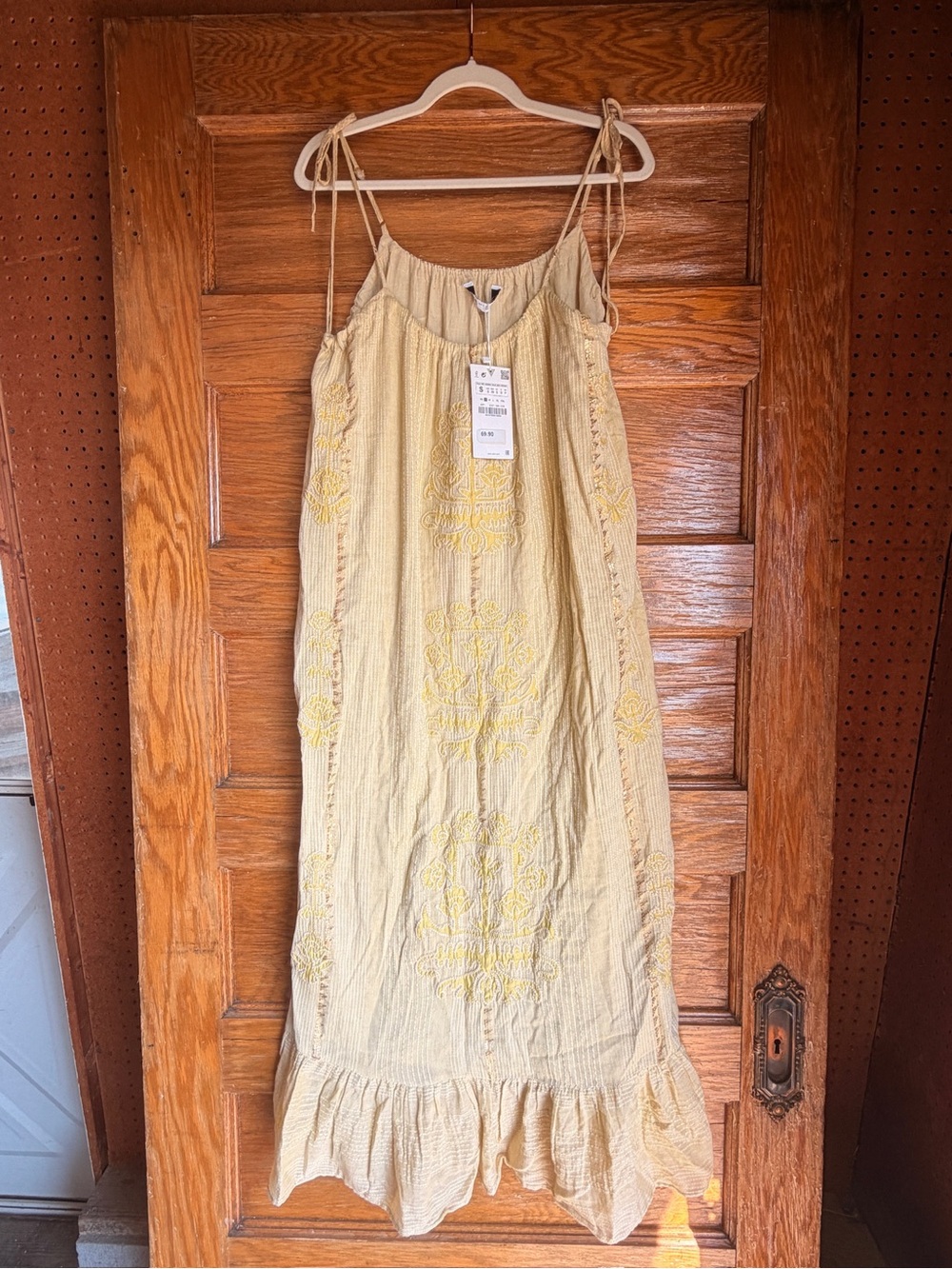 ZARA Women’s Yellow Embroidered Tie-Strap Maxi Dress